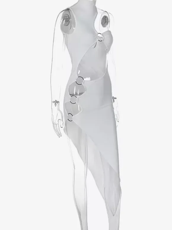 Robe de club pour femmes noir découpé sans manches robe sexy en polyester