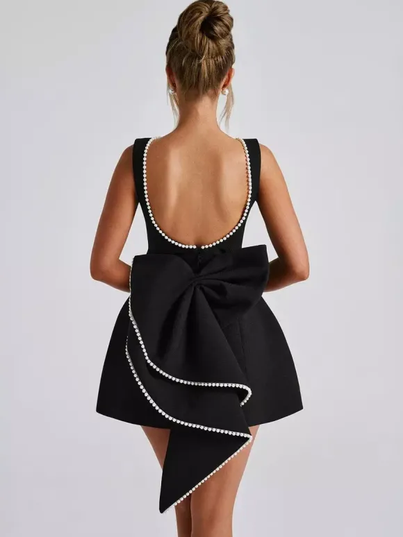 Robe de cocktail en perles avec n艙ud sans manches coupe trapèze dos nu mini robe de fête d'anniversaire pour femmes 2026