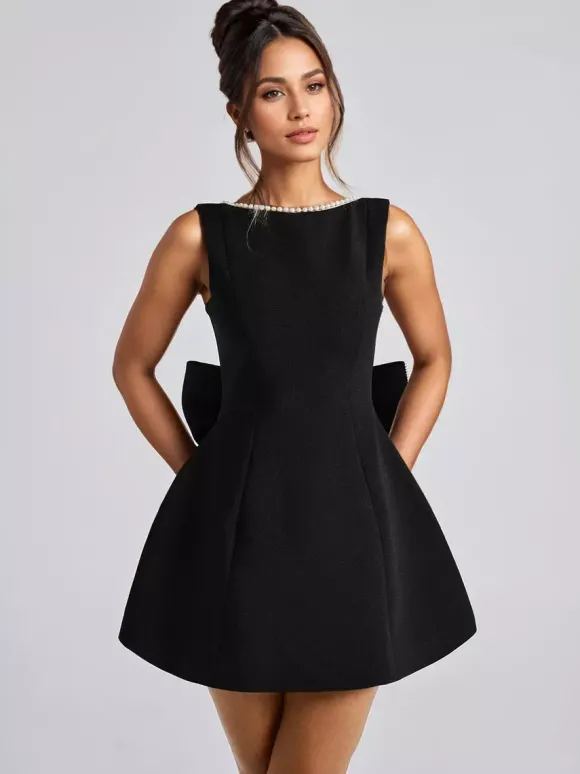 Robe de cocktail en perles avec n艙ud sans manches coupe trapèze dos nu mini robe de fête d'anniversaire pour femmes 2026