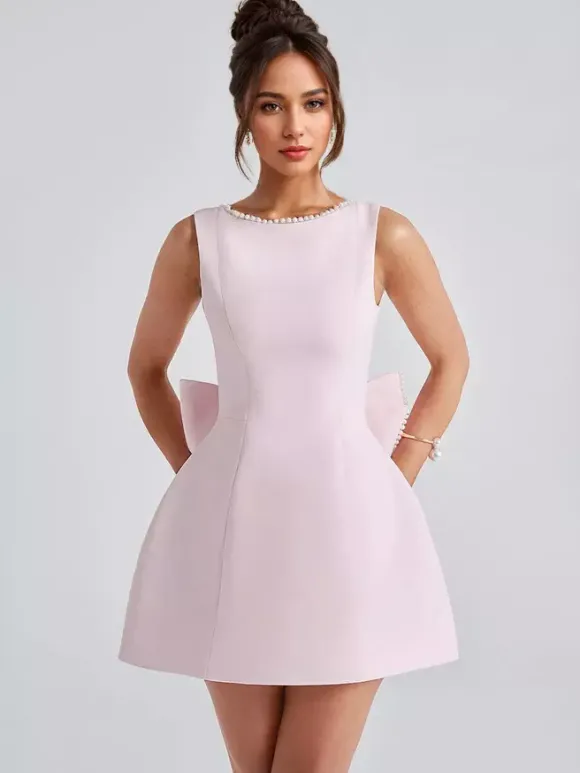 Robe de cocktail en perles avec n艙ud sans manches coupe trapèze dos nu mini robe de fête d'anniversaire pour femmes 2026