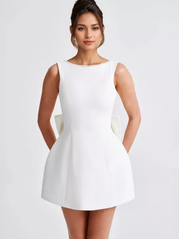Robe de cocktail en perles avec n艙ud sans manches coupe trapèze dos nu mini robe de fête d'anniversaire pour femmes 2026