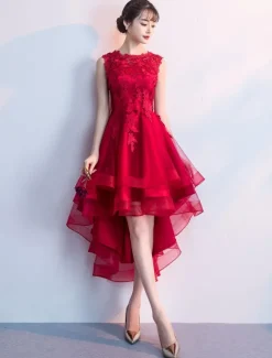Robe de cocktaile robe de bal asymétrique col rond sans manche