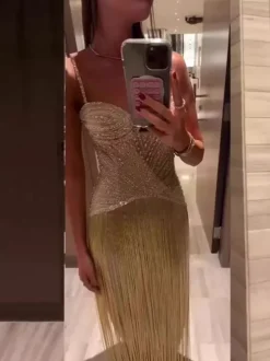 Robe de cocktail nuisette à franges et perles pour femme - Robe longue sans manches style Charleston abricot - Soirée d'été et bal de promo 2026