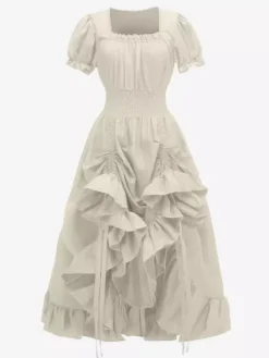 Robe De Costume Plissée Rétro Bordeaux Manches Courtes Col Carré Femme Vintage Bourgogne