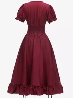Robe De Costume Plissée Rétro Bordeaux Manches Courtes Col Carré Femme Vintage Bourgogne
