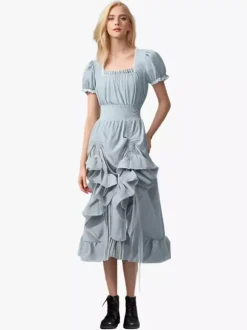 Robe De Costume Plissée Rétro Bordeaux Manches Courtes Col Carré Femme Vintage Bourgogne
