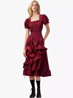 Robe De Costume Plissée Rétro Bordeaux Manches Courtes Col Carré Femme Vintage Bourgogne
