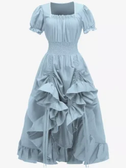 Robe De Costume Plissée Rétro Bordeaux Manches Courtes Col Carré Femme Vintage Bourgogne