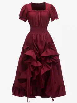 Robe De Costume Plissée Rétro Bordeaux Manches Courtes Col Carré Femme Vintage Bourgogne