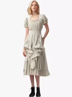 Robe De Costume Plissée Rétro Bordeaux Manches Courtes Col Carré Femme Vintage Bourgogne