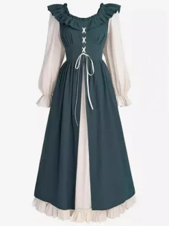 Robe De Costume Plissée Rétro Col En Volant Femme Déguisement Vintage