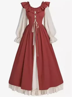 Robe De Costume Plissée Rétro Col En Volant Femme Déguisement Vintage