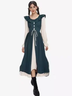 Robe De Costume Plissée Rétro Col En Volant Femme Déguisement Vintage