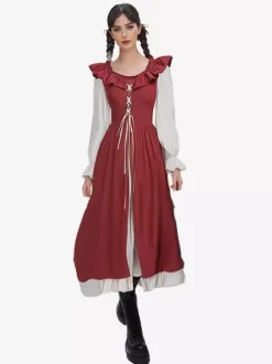 Robe De Costume Plissée Rétro Col En Volant Femme Déguisement Vintage