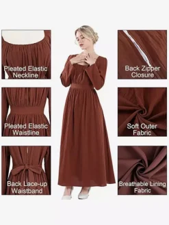 Robe De Costume Plissée Rétro Marron Café Femme Déguisement Vintage