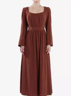 Robe De Costume Plissée Rétro Marron Café Femme Déguisement Vintage