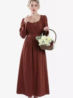 Robe De Costume Plissée Rétro Marron Café Femme Déguisement Vintage