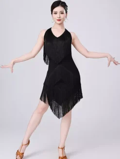 Robe de danse latine champagne dos nu à franges et pompons robe élégante en polyester costume de danse