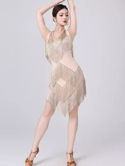 Robe de danse latine champagne dos nu à franges et pompons robe élégante en polyester costume de danse