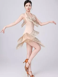 Robe de danse latine champagne dos nu à franges et pompons robe élégante en polyester costume de danse