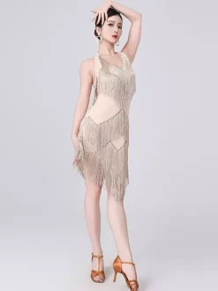 Robe de danse latine champagne dos nu à franges et pompons robe élégante en polyester costume de danse