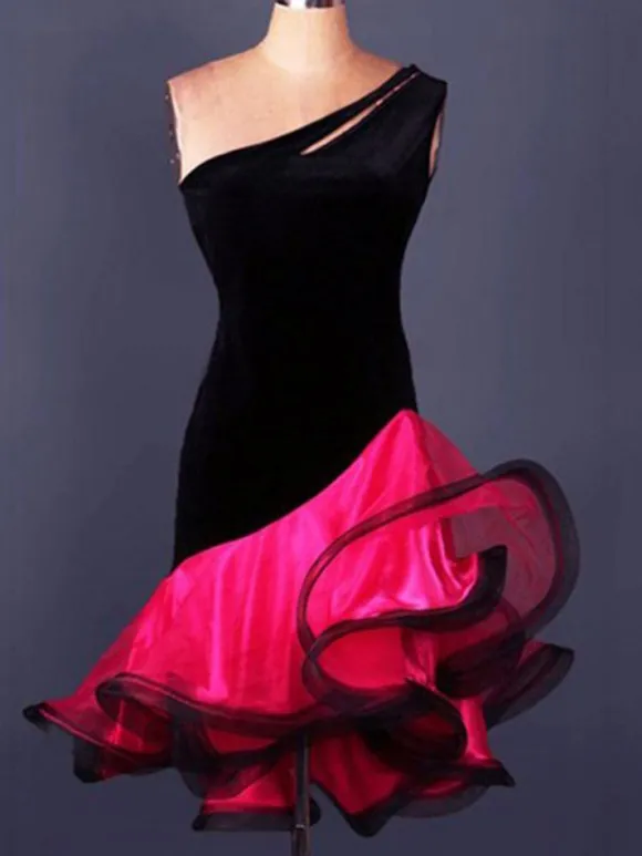 Robe de danse latine danse latine Costume Organza une épaule sans manches dos nu deux tons ondulations irrégulières Déguisements Halloween
