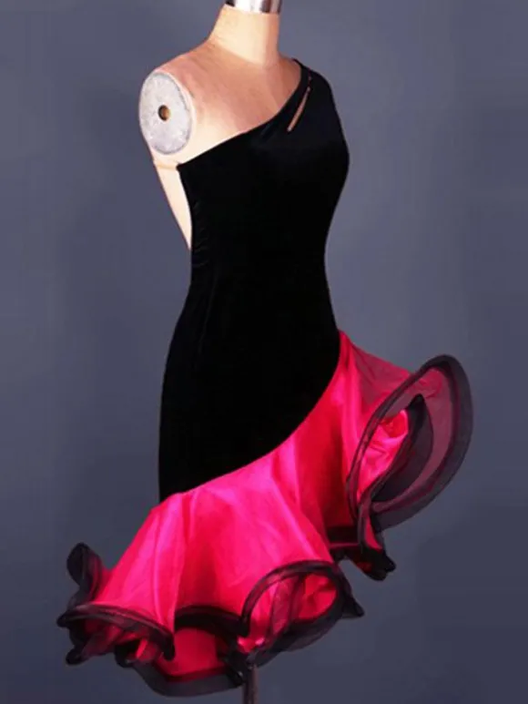 Robe de danse latine danse latine Costume Organza une épaule sans manches dos nu deux tons ondulations irrégulières Déguisements Halloween