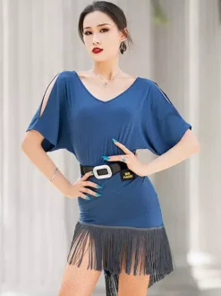 Robe de danse latine à manches courtes et épaules dénudées pour femme avec ceinture et pompons