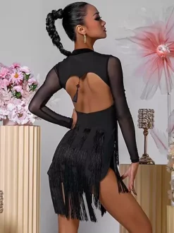 Robe de danse latine noire à franges pour femme manches longues dos nu élégante en polyester.
