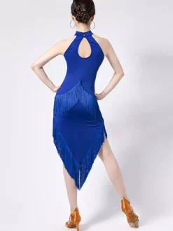 Robe de danse latine noire à franges et dos nu élégante robe de danse en polyester pour femme