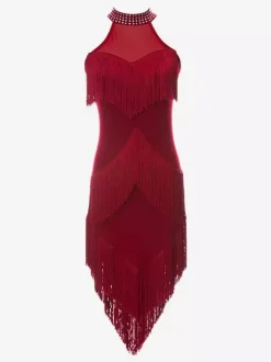 Robe de danse latine noire à franges et dos nu élégante robe de danse en polyester pour femme