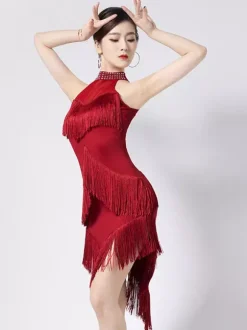Robe de danse latine noire à franges et dos nu élégante robe de danse en polyester pour femme