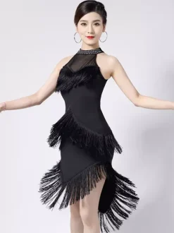 Robe de danse latine noire à franges et dos nu élégante robe de danse en polyester pour femme