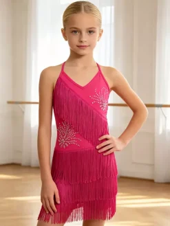 Robe de danse latine noire pour fille à franges dos nu et bretelles croisées élégante robe en polyester tenue de danse