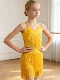 Robe de danse latine noire pour fille à franges dos nu et bretelles croisées élégante robe en polyester tenue de danse