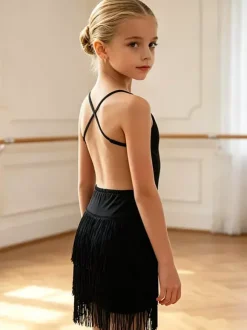 Robe de danse latine noire pour fille à franges dos nu et bretelles croisées élégante robe en polyester tenue de danse