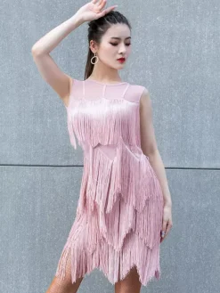 Robe de danse latine noire sexy à franges et pompons pour femme costume de danseuse latine court