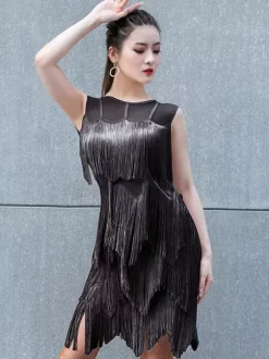 Robe de danse latine noire sexy à franges et pompons pour femme costume de danseuse latine court