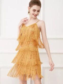 Robe de danse latine noire sexy à bretelles et franges à pompons costume de danseuse latine
