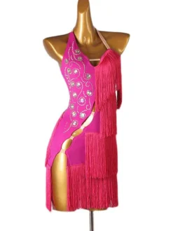 Robe de danse latine Robe de polyester Femme Blanc Sexy Sexy Fringe Strass Strass Dancer latine Dancant Porter