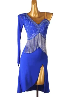 Robe de danse latine Robes de Strass Femmes Noir Épaule Opond Bullcon Sexy Polyester Robe Danse Porter