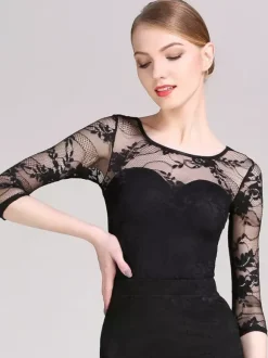 Robe de danse pour femme body en maille et dentelle pour concours de danse de salon