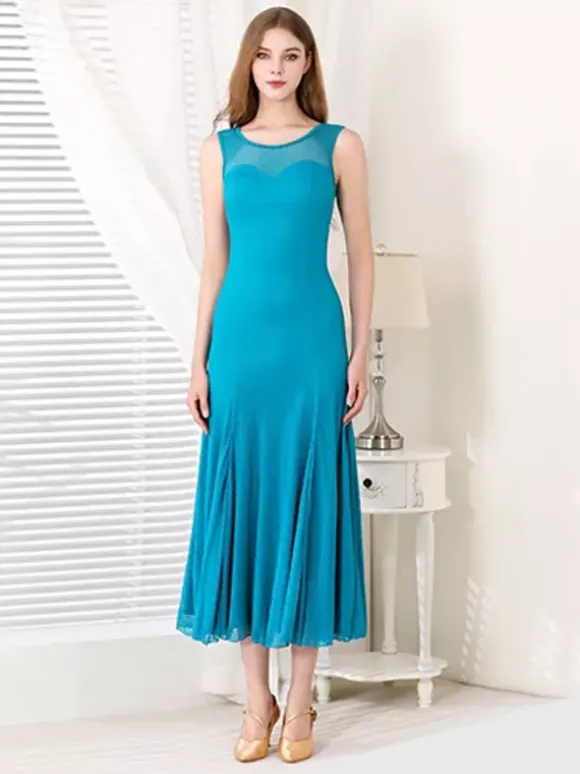 Robe de danse pour femme col rond sans manches en maille costumes de danse de salon