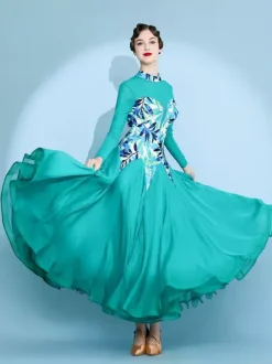 Robe de danse pour femme jupe trapèze imprimée costume de danse standard national manches longues robe de valse moderne robe de tango pour compétition