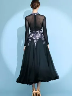 Robe de danse pour femme jupe trapèze imprimée costume de danse standard national manches longues robe de valse moderne robe de tango pour compétition