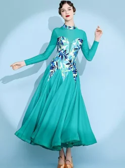 Robe de danse pour femme jupe trapèze imprimée costume de danse standard national manches longues robe de valse moderne robe de tango pour compétition