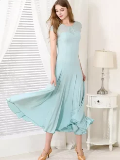 Robe de danse pour femmes col rond manches courtes jupe plissée costumes de danse de salon