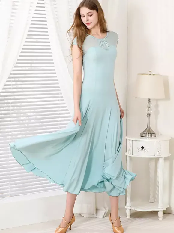 Robe de danse pour femmes col rond manches courtes jupe plissée costumes de danse de salon