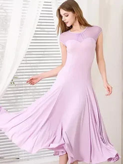 Robe de danse pour femmes col rond manches courtes jupe plissée costumes de danse de salon
