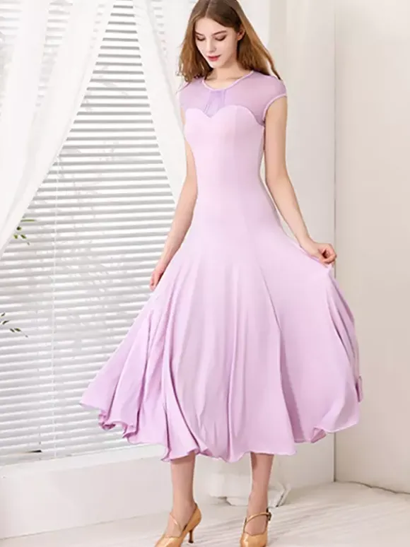 Robe de danse pour femmes col rond manches courtes jupe plissée costumes de danse de salon